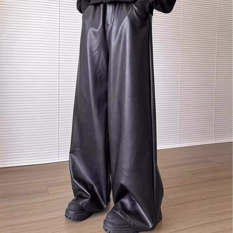 EERSHENSHI Mens Autumn New PU Leather Wide Leg Pants Casual Straight Pants
