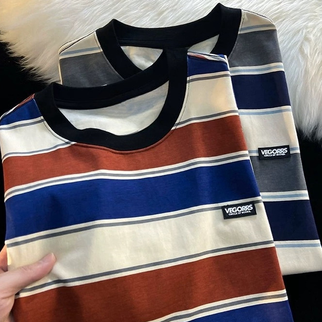 BECoolMan-แขนสั้นลายทางผู้ชาย  เสื้อยืดเย็บสีตัดกัน  แนววินเทจสไตล์ญี่ปุ่น  oversize  ลำลอง
