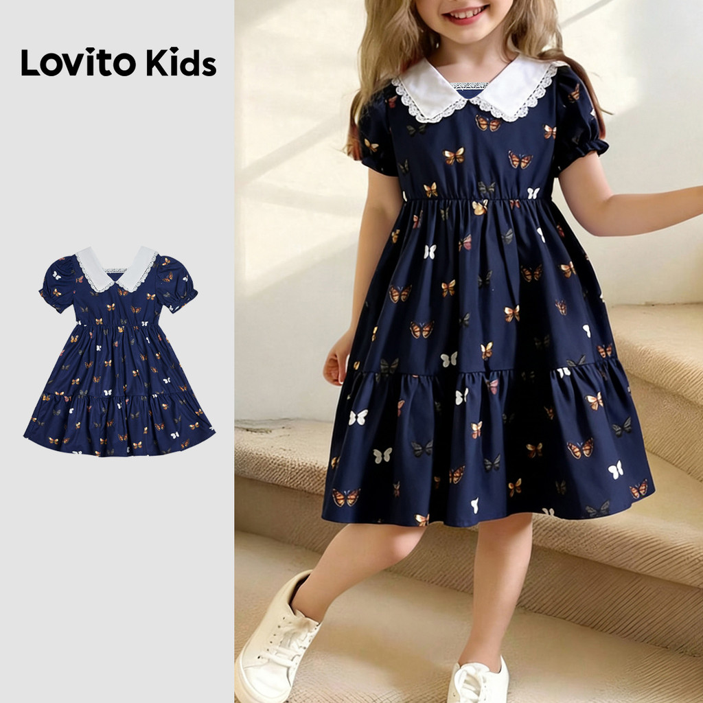 Lovito Kids เดรสลูกไม้สีกรมท่าสําหรับเด็กผู้หญิงในฤดูใบไม้ผลิและฤดูร้อน L168LD185