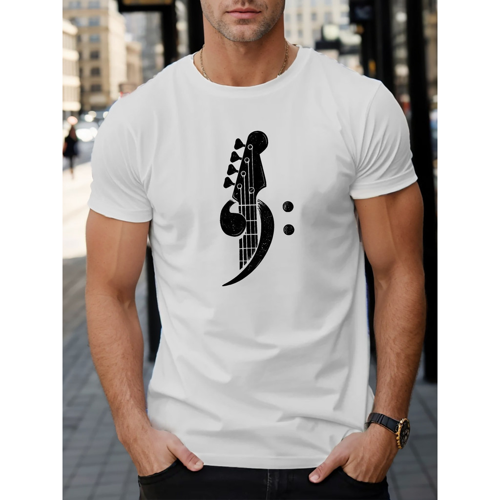 ทีเชิ้ตฤดูร้อนลายกราฟิกกีตาร์เบสสำหรับผู้ชาย - สีดำพร้อมดีไซน์ดนตรีสีขาว, ผ้าฝ้ายระบายอากาศ