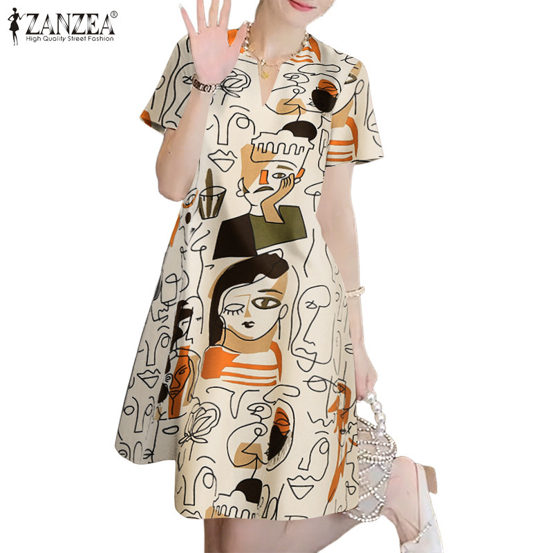 ZANZEA ชุดเดรสคอวีแขนสั้น สไตล์เกาหลีสำหรับผู้หญิง