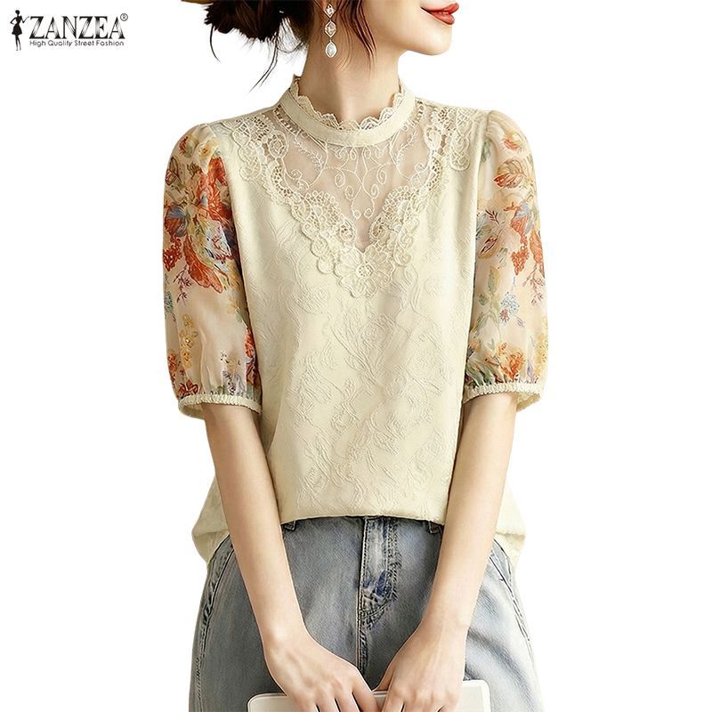 ZANZEA ใส่ ซานเซีย ผู้หญิงเกาหลีหรูหราหรูหราหรูหรายืนปกพัฟแขนลูกไม้เย็บปะติดปะต่อกันดอกไม้พิมพ์เสื้อ