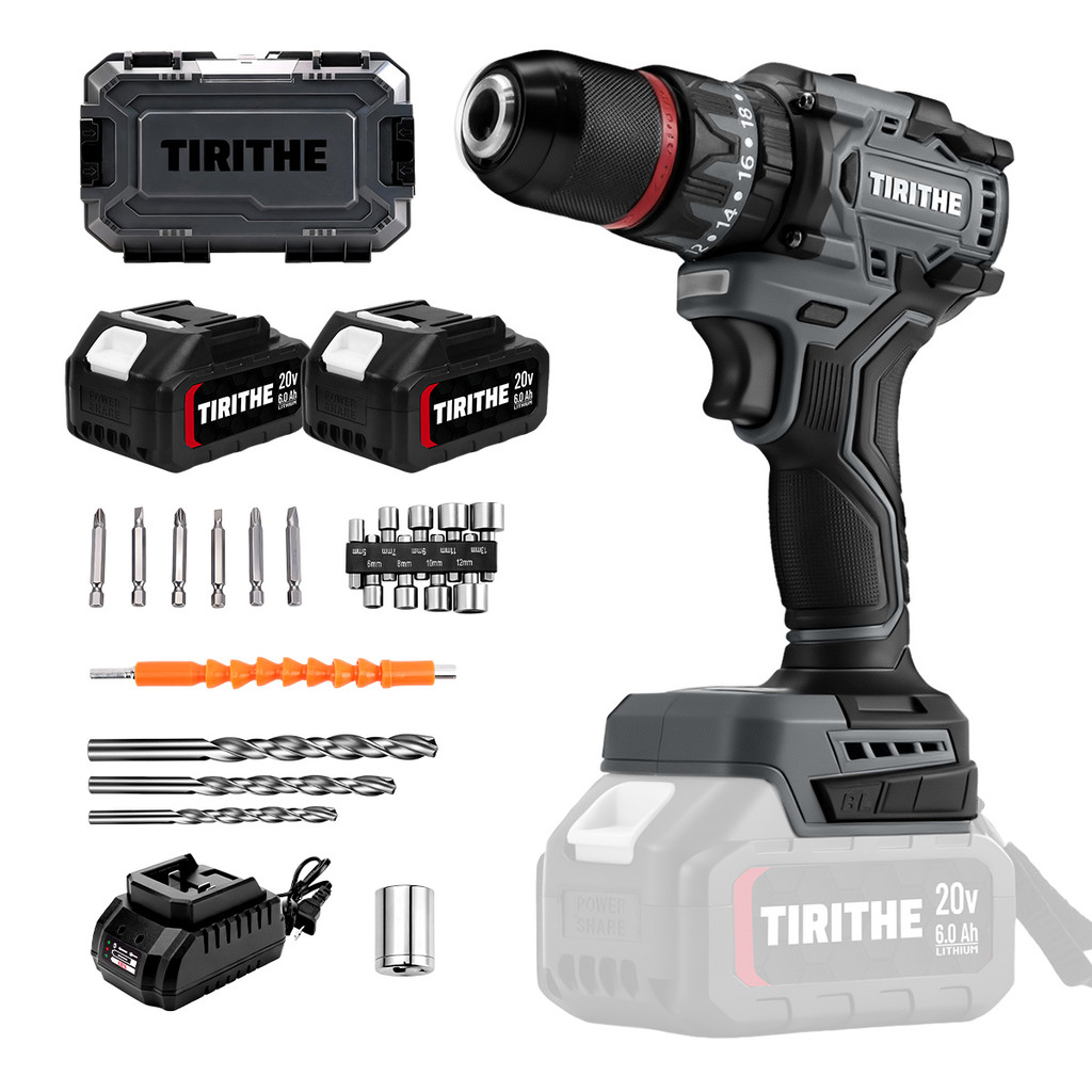 สว่านไร้สายแบบไร้แปรง 13MM เครื่องมือระดับโปร พร้อมแบตเตอรี่ 2 ก้อน – TIRITHE Professional Cordless Drill