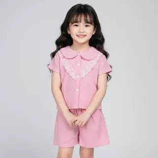MooDeng Baby ชุดเสื้อผ้าเด็กหญิงแขนสั้น ชุดเช็ตเสื้อ+กางเกง น่ารักๆสำหรับเด็กหญิง ผ้ายฝ้าย ใส่สะบาย