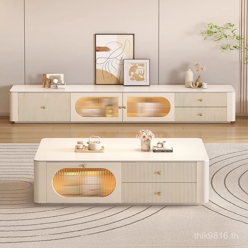 ครีมรวมกันโต๊ะกาแฟพาร์ทเมนท์ขนาดเล็กไม้เนื้อแข็งบริสุทธิ์ห้องนั่งเล่นสไตล์ใหม่สเลทสไตล์ตู้ทีวีที่ทัน