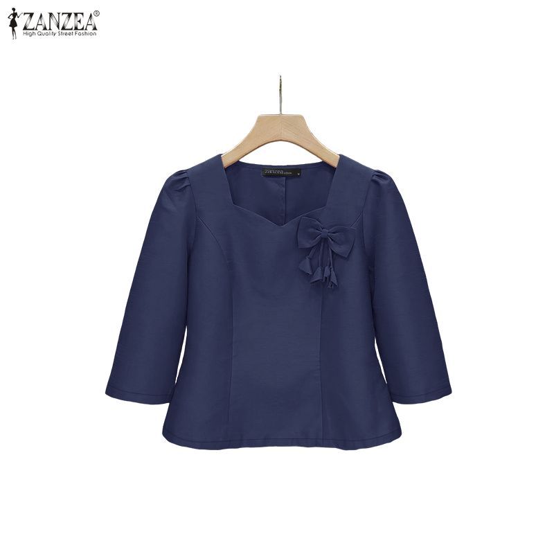 ZANZEA ซานเซีย สวมใส่ง่ายสไตล์เกาหลีสำหรับผู้หญิง คอเหลี่ยมแขนยาว 3/4 มีซิปด้านข้าง ทำจากผ้าซาติน — صورة 6