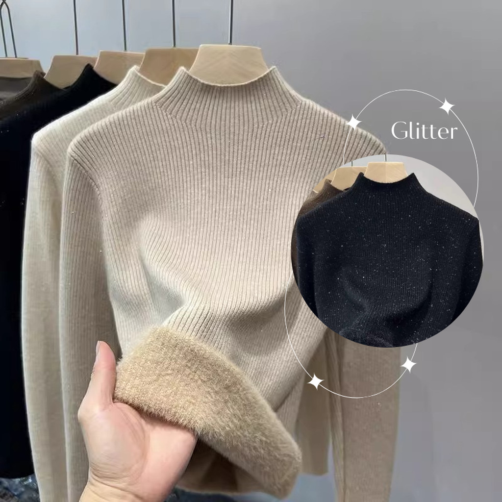 เสื้อแขนยาวคอตั้ง ผ้าร่องมี Glitter บุขนในตัว เนื้อนุ่ม/อุ่น/ไม่คัน Warm Rib Knit freesize