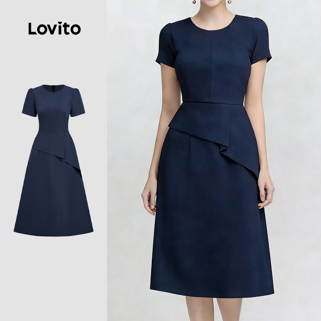 Lovito เดรสผู้หญิงสีกรมท่าสําหรับฤดูใบไม้ผลิ/ฤดูร้อน เรียบง่ายจับจีบ สง่างาม L178ED916
