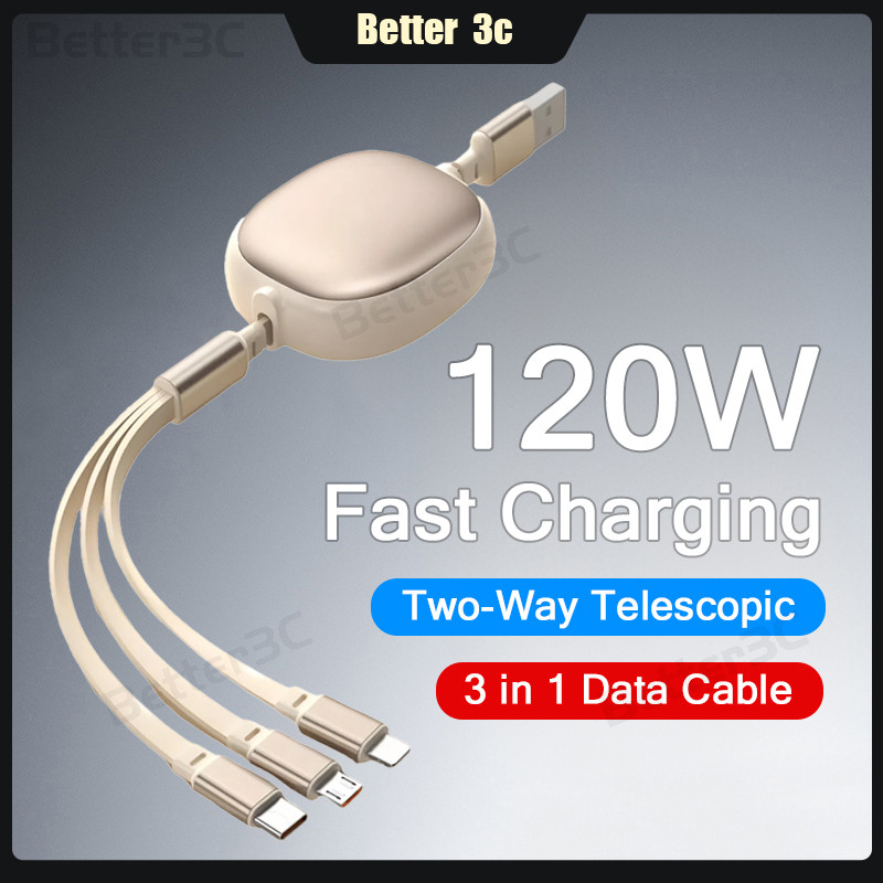 3 IN 1 USB to Type C/Micro/ios สายชาร์จโทรศัพท์ 120W Super Fast สายชาร์จสองทางได้อย่างอิสระสายเคเบิลข้อมูลแบบพับเก็บได้กว้าง
