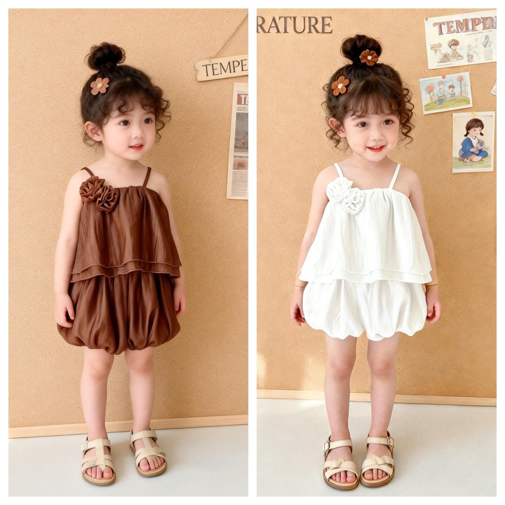 พร้อมส่ง💗 ชุดเด็กผู้หญิง เสื้อผู้หญิงตกแต่งดอกไม้สามมิติ + กางเกงขาสั้น (สีน้ำตาล/สีขาว)