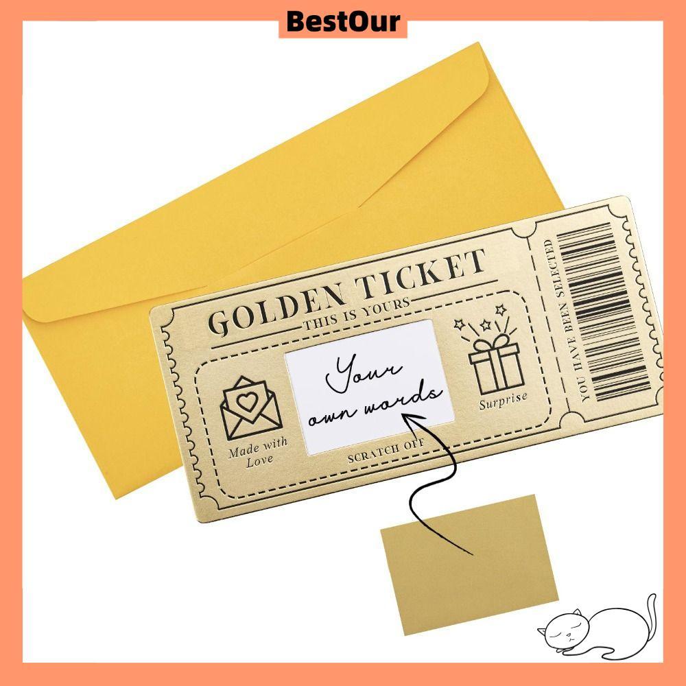 BESTOUR Golden Ticket Scratch- Card, Raffle Gift Concert Ticket, Party Favor with Envelope Scratch T