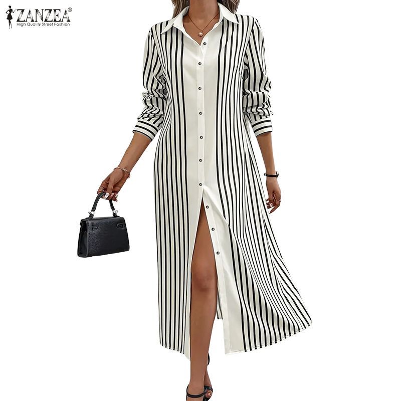 Zanzea ผู้หญิง Vintage Commute Street แฟชั่นลายแขนยาวปุ่มลงปกชุดเสื้อกลาง