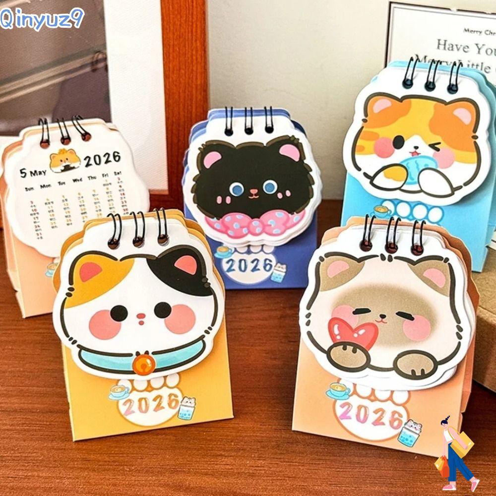 QINYUZ9 2026 ปฏิทินตั้งโต๊ะ, Mini Coil Schedule Planner, Cute Schedule Mark แบบพกพาการ์ตูน Cat Daily