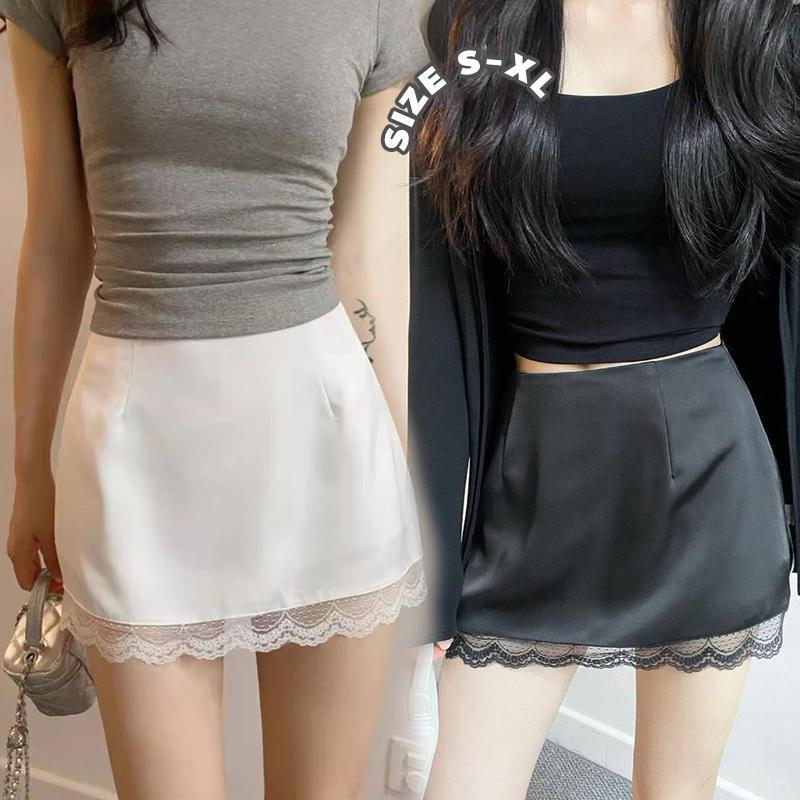 Chemise#กระโปรงผู้หญิง สีพื้น แต่งลูกไม้ มาพร้อมกางเกงเซฟตี้#99067