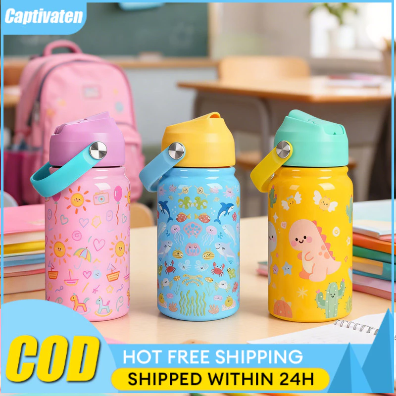 CODส่งฟรี กระบอกน้ำเด็ก304 หลอดดูดปลอดภัยสุญญากาศเก็บความร้อน กันน้ำรั่วสำหรับกลางแจ้งโรงเรียน ยอดนิยม