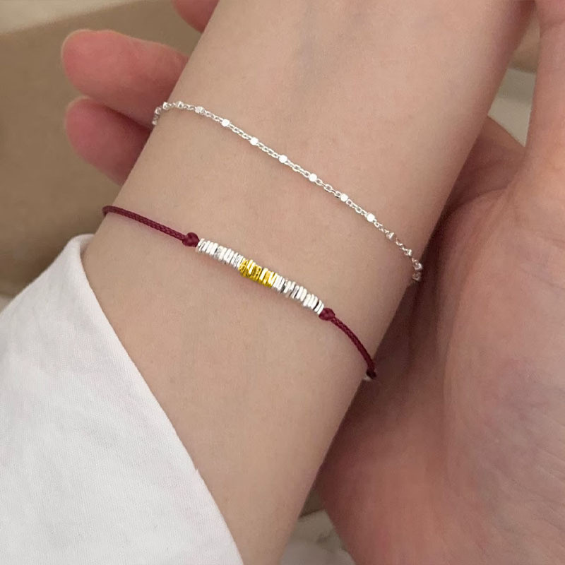 [First Sakura Jewelry] s925 Sterling Silver Gold Hit Silver Broken Silver Red String Bracelet Female