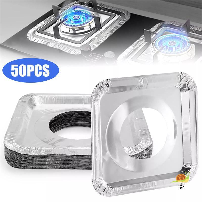 F&Z ผ้าคลุมเตาแก๊สอลูมิเนียมแบบใช้แล้วทิ้ง 50 ชิ้น,ตัวป้องกันทนความร้อนขนาด 9 นิ้ว, Thi Top Liner สํ