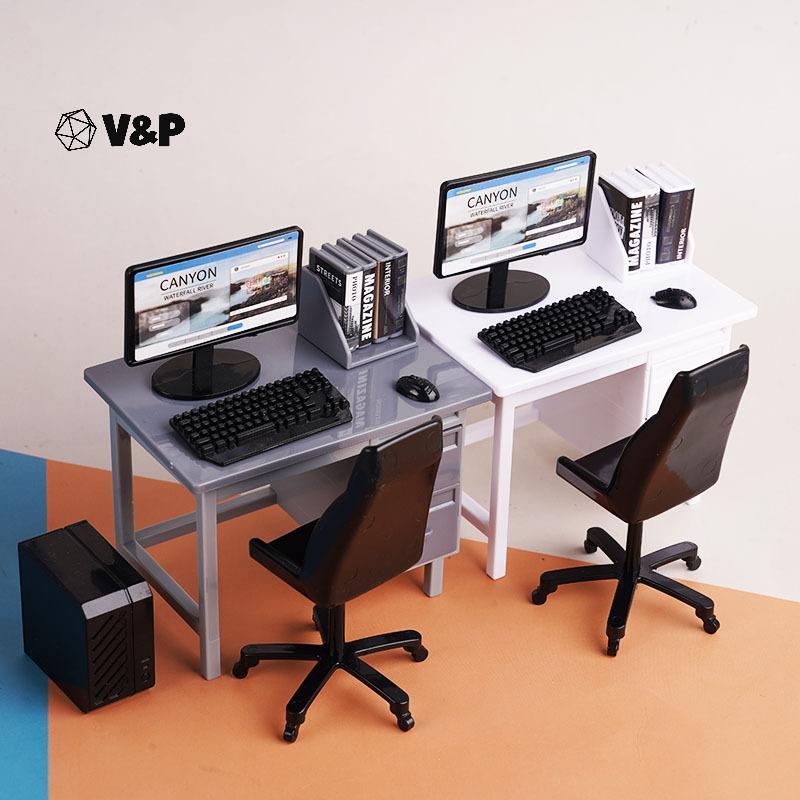 V & P 1 ชุด 1/12 Dollhouse Miniatureputer คีย์บอร์ดโต๊ะเก้าอี้ชุด Home Study Room เฟอร์นิเจอร์ตกแต่ง