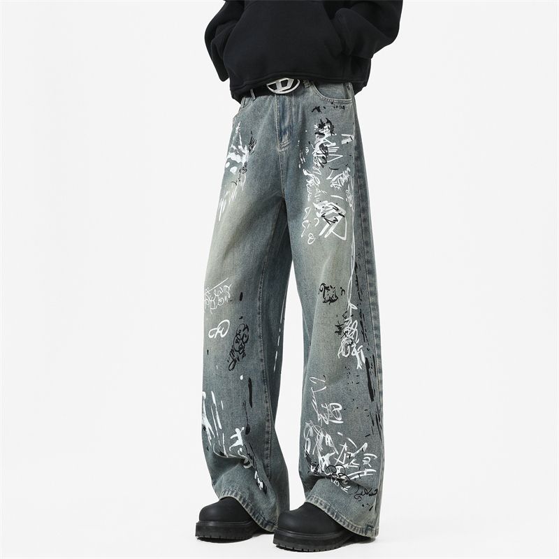 High Street กางเกงยีนส์ผู้ชายฤดูหนาว Design Sense Machete กางเกงตรง Street Wear หล่อ Graffiti กางเกง