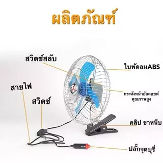 พัดลมติดรถยนต์ ขนาด 8นิ้ว 10นิ้ว 12v 24V แบบหนีบ พัดลมในรถ