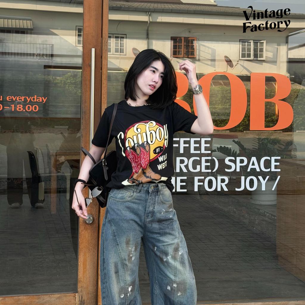 Vintage Factory เสื้อยืด COWBOY - ผ้าคอตตอน ซิลค์สกรีน (พร้อมส่ง)