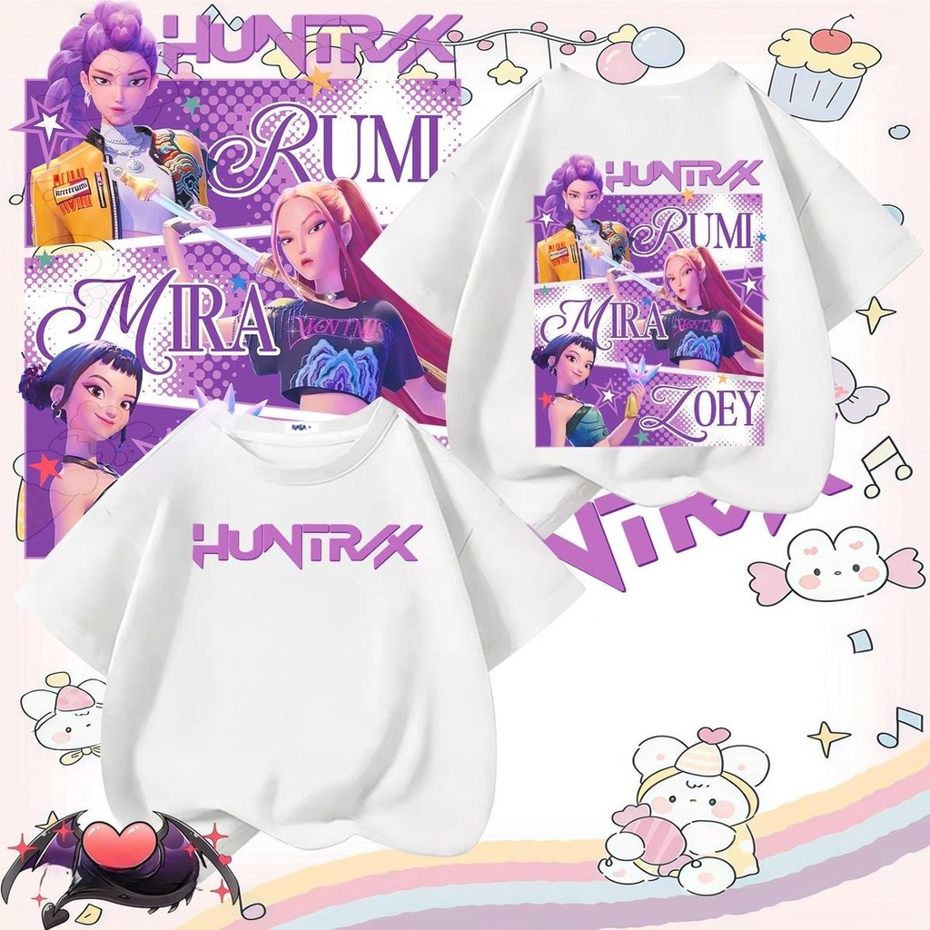 เสื้อยืดเด็ก Huntrxลายการ์ตูน ผ้าฝ้าย 100% เสื้อเด็กผู้หญิง ทรงหลวม ใส่สบาย ระบายอากาศดี แฟชั่นสําหรับเด็ก