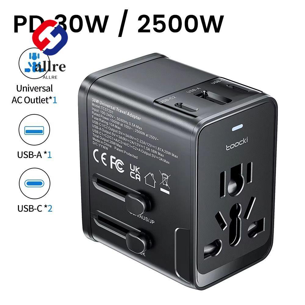 ALLRE AC Socket Converter, 30W 2USB-C & USB-A Fast Charging Travel Charger Adapter,แบบพกพาUniversal 