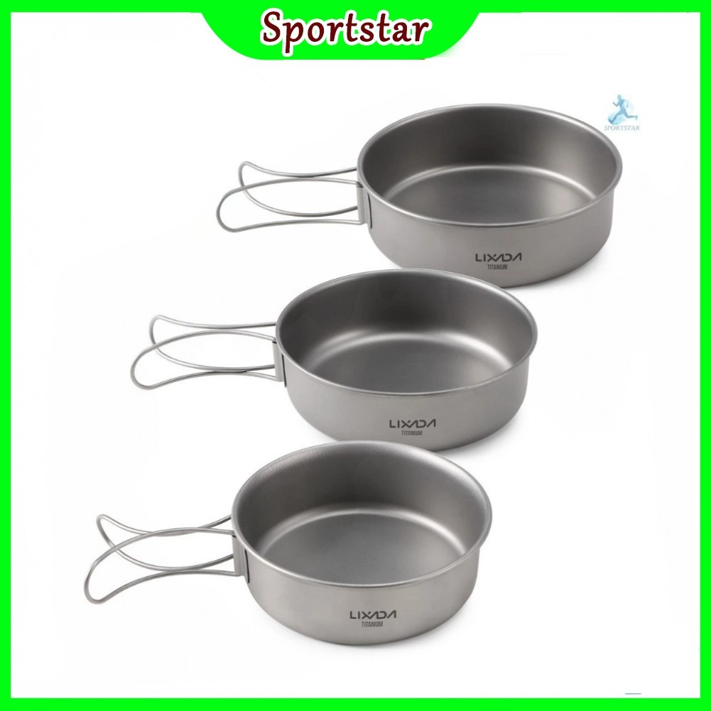 【⚽Sportstartitanium Bowl Set Ultralight Titanium Dinner Bowl Pan พร้อมที่จับพับได้สําหรับการตั้งแคมป์กลางแจ้งเดินป่า