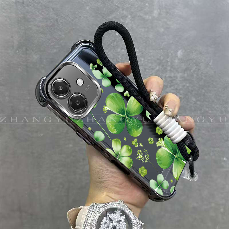 เหมาะสําหรับ OPPO A3 A3X 4G 5G เคสโทรศัพท์ใหม่รูปแบบใบเขียว anti drop กันกระแทก soft shell เชือกแขวน