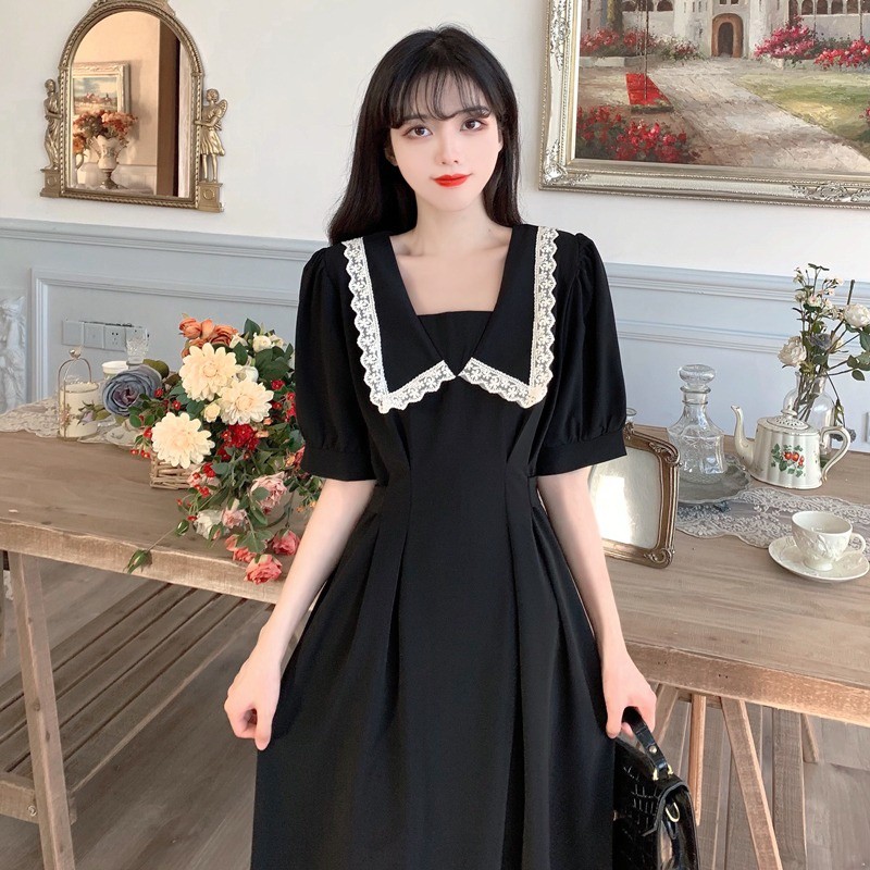ชุดเดรสปาร์ตี้สาวอ้วนชุดเดรสสีดําสีฟ้ากระโปรงน่ารัก