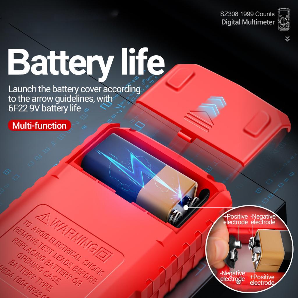 SZ308 มัลติมิเตอร์แบบดิจิตอลเครื่องทดสอบสแควร์ 1999 นับ HFE Triode Buzzer AC/DC Vole DC Current Resi