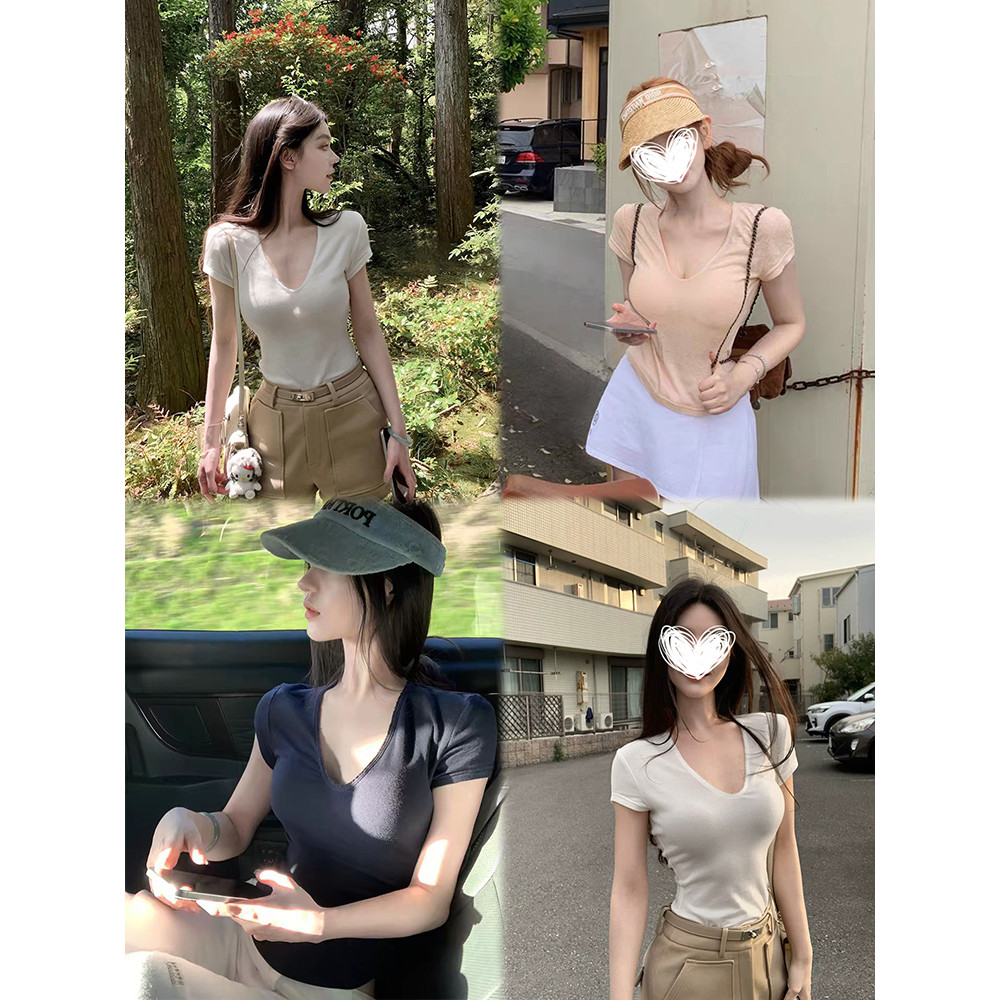 <Moses Queen> เสื้อถักแขนสั้นคอวีสีพื้นสำหรับผู้หญิง ทรงเข้ารูปสำหรับฤดูร้อน สไตล์หวานอมเปรี้ยว