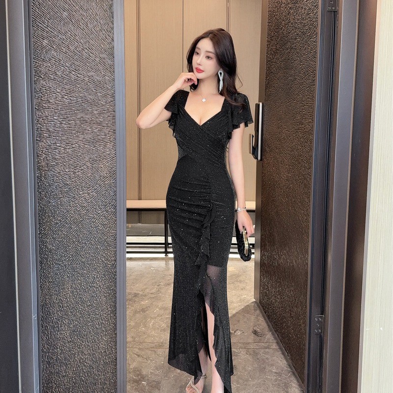 SFG ภาษาฝรั่งเศสคําเซ็กซี่ V คอชุดหญิง Sequined แยก Fishtail กระโปรง High-End จัดเลี้ยงชุดราตรีกระโป