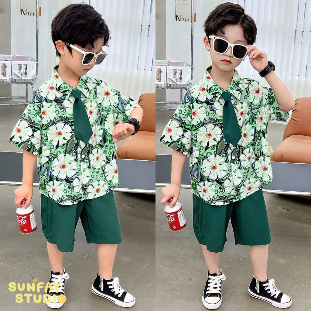 ชุดเด็กผู้ชายสไตล์ฮาวาย ลายดอก เด็กชายใส่เที่ยวทะเล