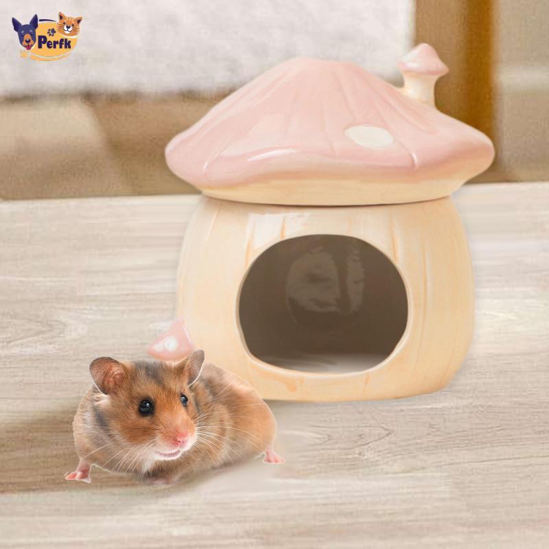 Perfk น่ารักเห็ดเซรามิคหนูแฮมสเตอร์ Hideout House ชามอาหารสําหรับสัตว์เลี้ยงขนาดเล็ก Gerbils Habitat
