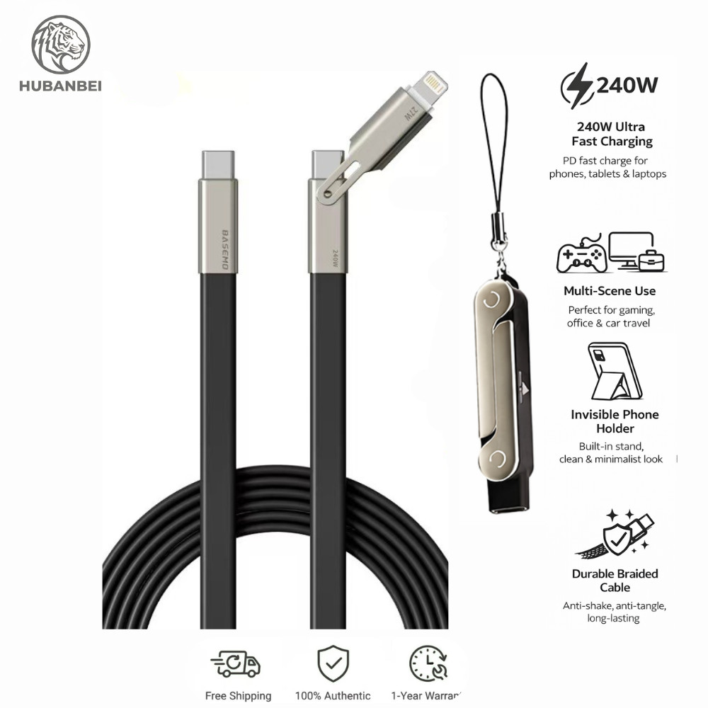 สายชาร์จ Type-C ชาร์จเร็ว 240W พร้อมขาตั้งพับซ่อนได้, ที่วางโทรศัพท์แบบถอดแยกได้ 2-in-1, สายข้อมูลซิลิโคนเหลว 1.5 เมตร