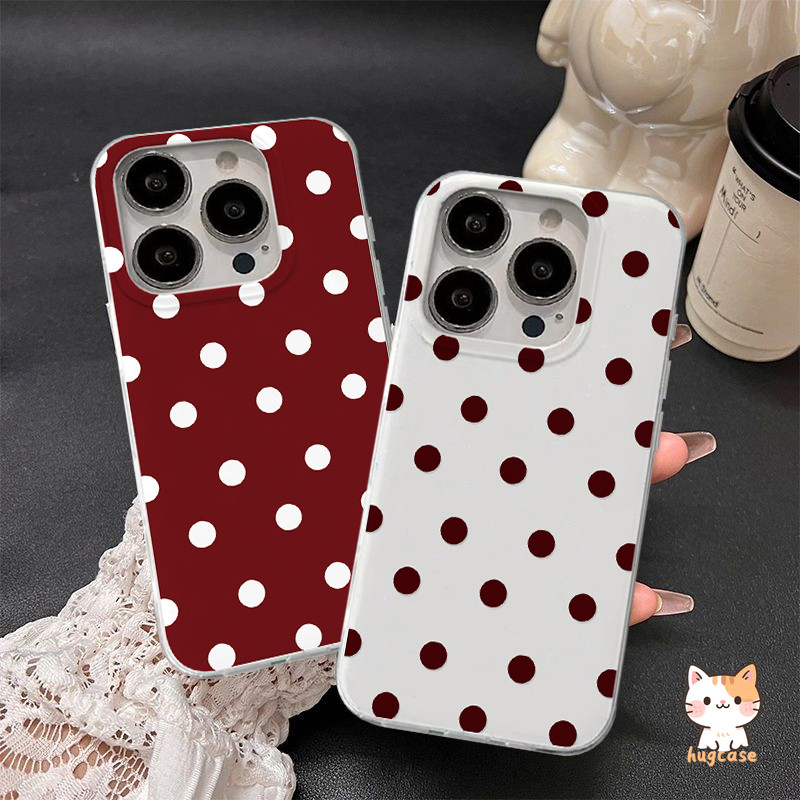 เคสไอโฟน17 เหมาะสำหรับ IPhone 15 17 12 14 16 13 11 Pro Max X XR XS MAX 7 8 15 14 16 Plus ลายจุดสีแดงเบอร์กันดีสไตล์เรโทร