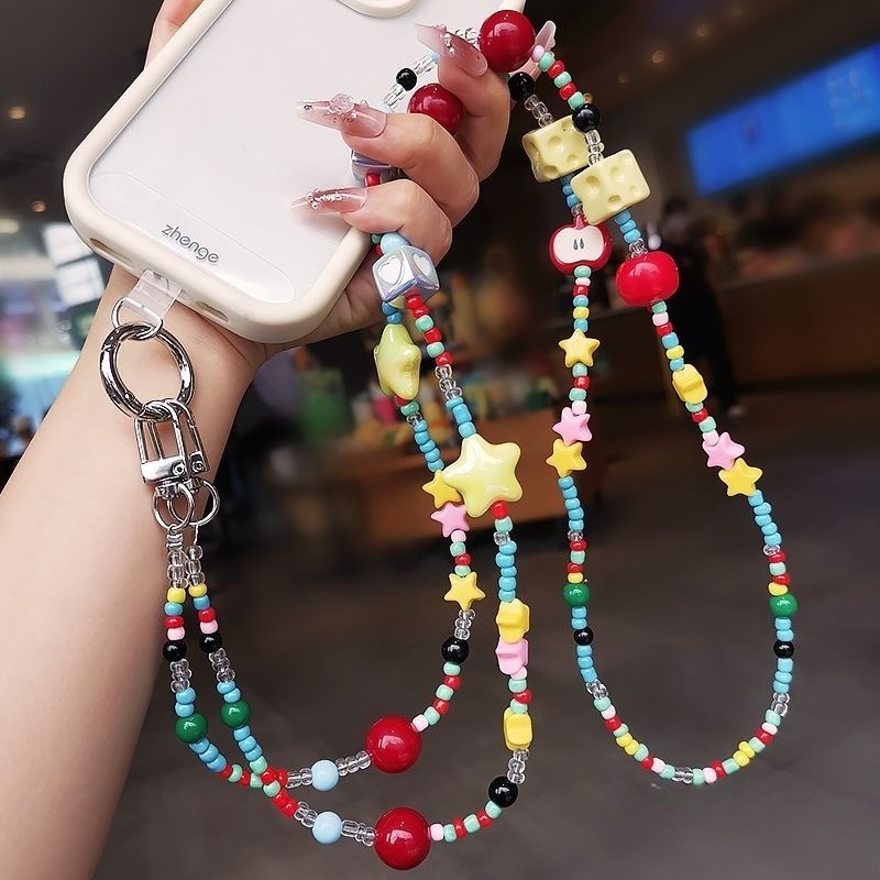 120ซม.ยาวลูกอมสีสายโทรศัพท์น่ารักการ์ตูนCrossbody Anti-Loss Lanyardสําหรับเคสโทรศัพท์Kawaii Handmadeลูกปัดสําหรับสาวของขวัญ