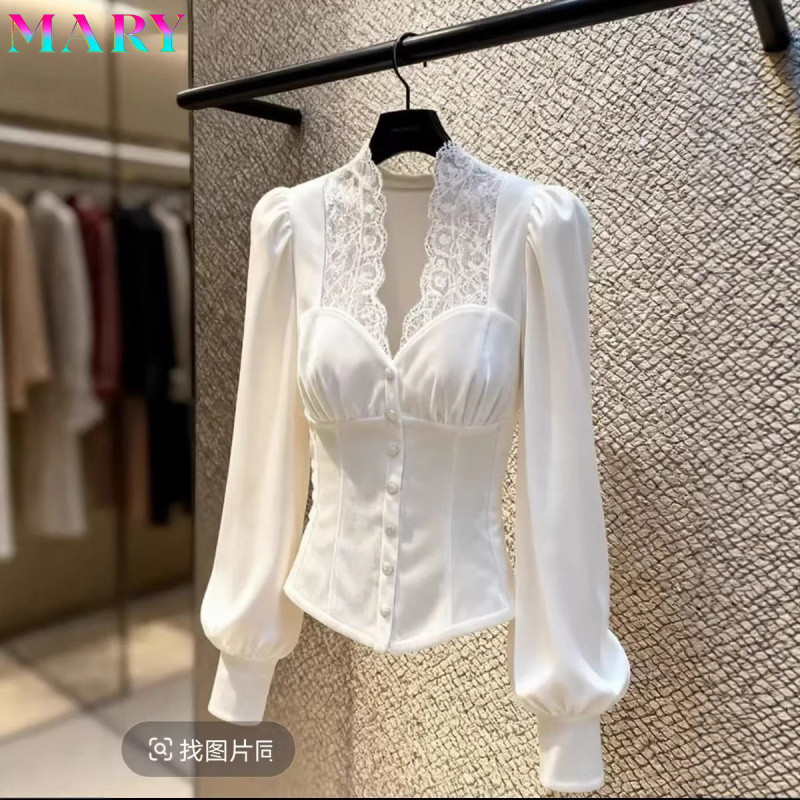 ฝรั่งเศสฤดูใบไม้ผลิฤดูใบไม้ร่วงระดับไฮเอนด์ลูกไม้เย็บเสื้อเชิ้ตสีขาวแขนยาวแฟชั่นที่ดีงามที่เรียบง่ายทุกการแข่งขัน