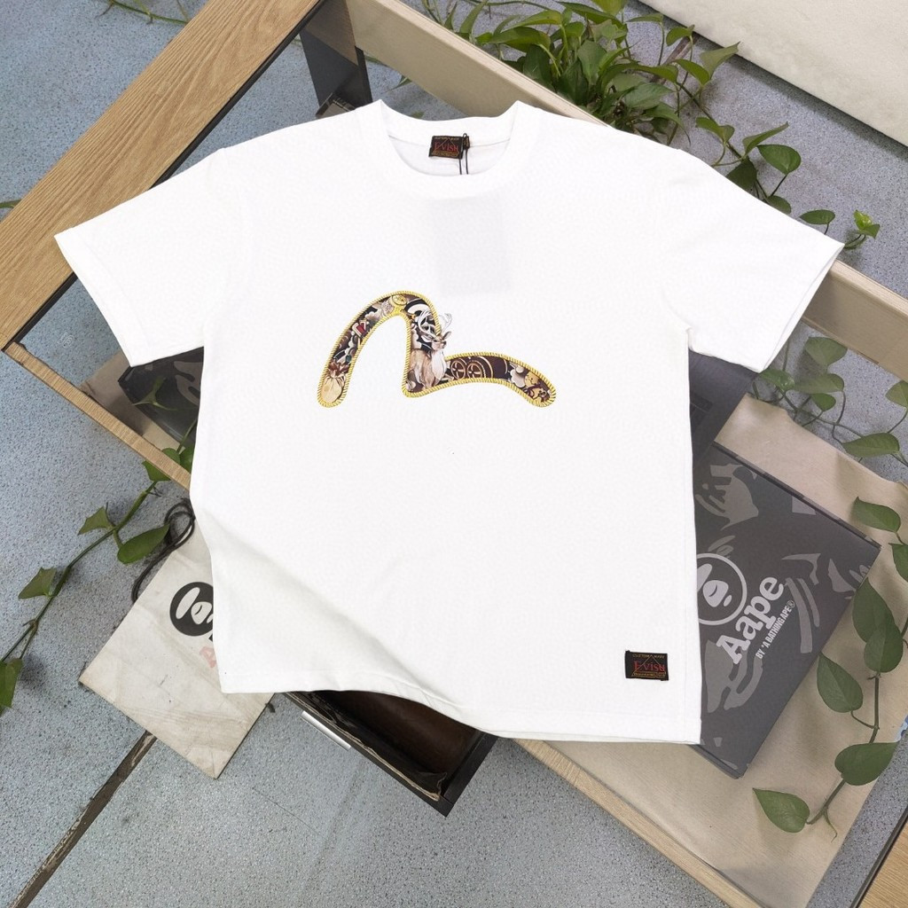 Evisu/God of Fortune 2026 คลาสสิกรอบคอแขนสั้นเสื้อยืดผู้ชายผู้หญิงสไตล์ทุกวัน Street สไตล์สบายกีฬาแข