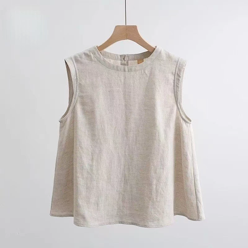เสื้อสายเดี่ยวแขนกุดสำหรับผู้หญิง ทําจากผ้าฝ้ายและลินิน ออกแบบมาอย่างหลวมสบาย