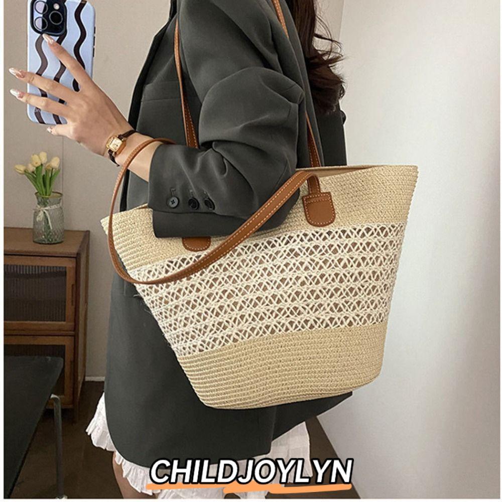 CHILDJOYLYN กระเป๋าสะพายหลังทอจากตอฟาง ความจุขนาดใหญ่ ลายสี่เหลี่ยม เหมาะสำหรับวันหยุดและชายหาด