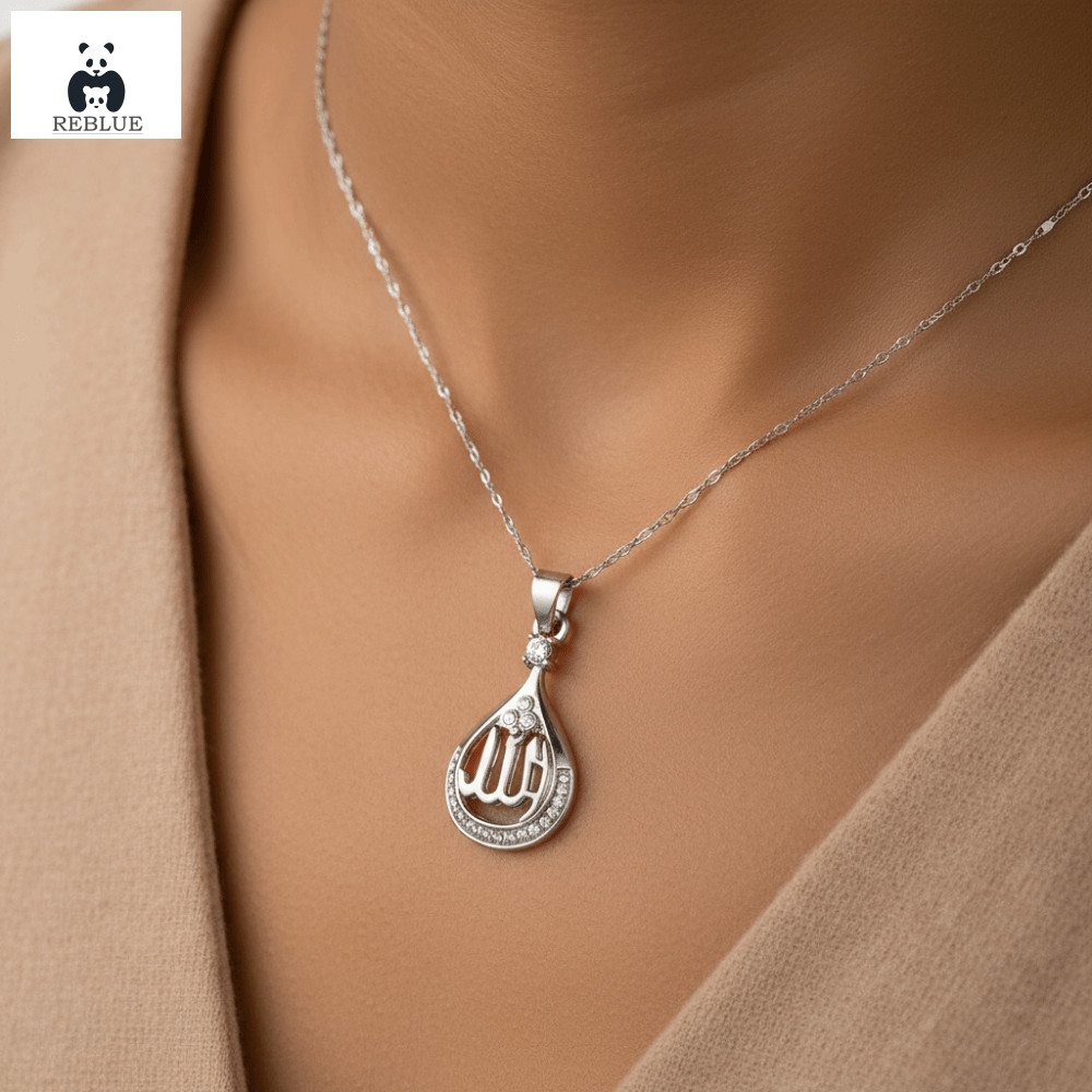 REBLUE Allah จี้สร้อยคอ, จี้ทรงหยดน้ําคริสตัล สร้อยคออิสลาม, แฟชั่น Faith รอบจี้สแตนเลสโซ่ Quran สร้