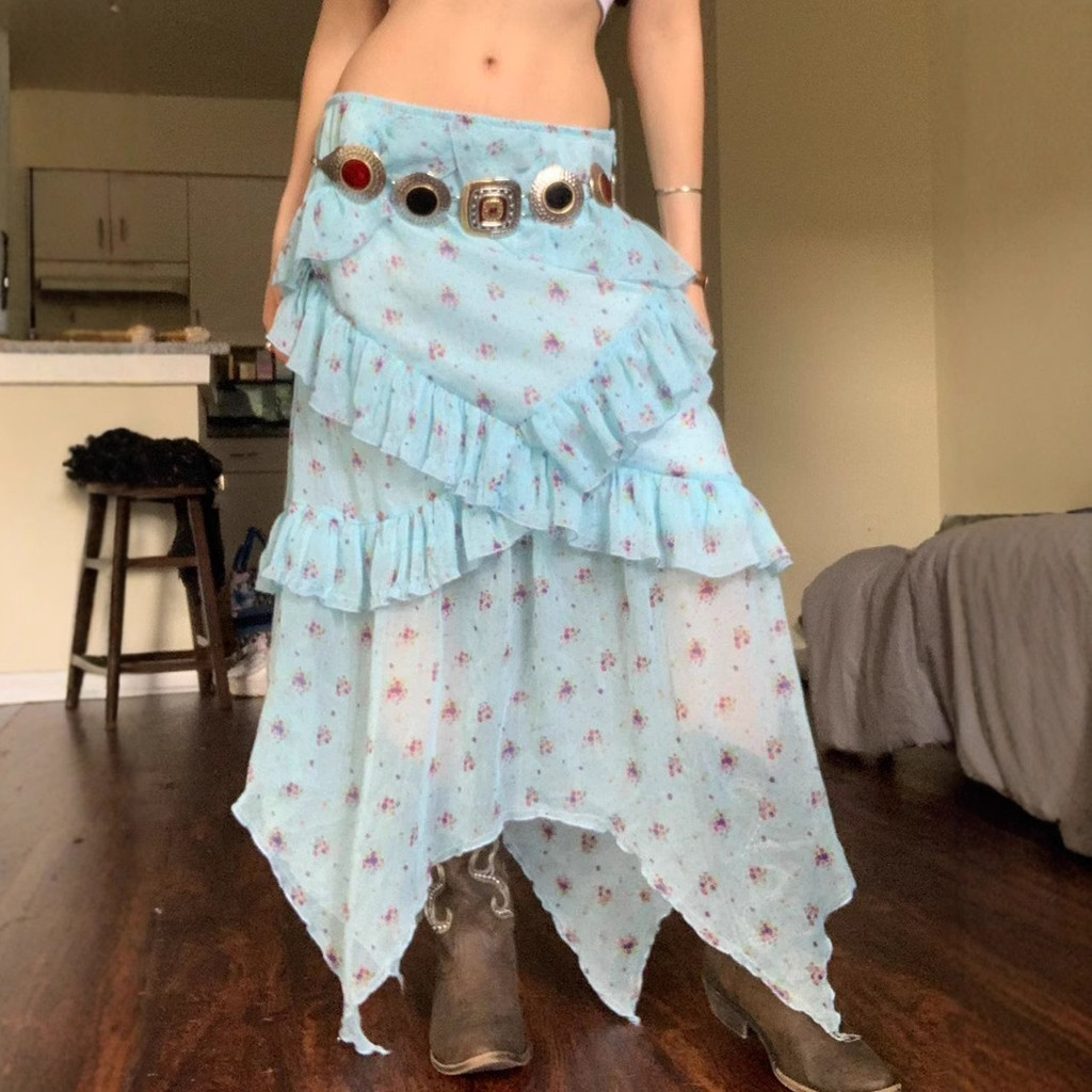 Lianlian Buwang Be Careful สไตล์สาวร้อนดอกไม้ Ruffled กระโปรงยาวผิดปกติสไตล์วันหยุดกระโปรงตาข่ายอ่อน