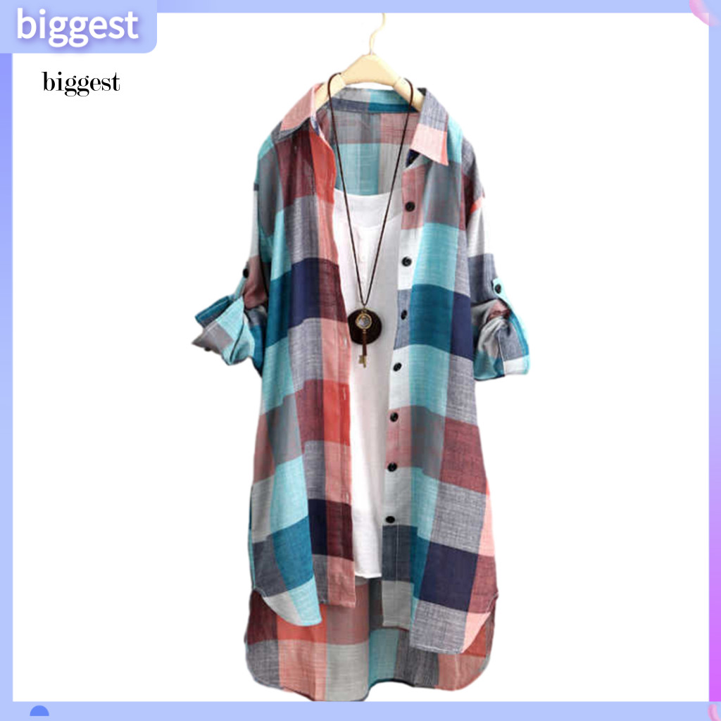 BGT คุณสมบัติ: เสื้อเชิ้ตผู้หญิงออกแบบด้วยคอพื้นฐานสีลายตารางหมากรุกสีตัดกันกระดุมแถวเดียวเรียบง่ายแ