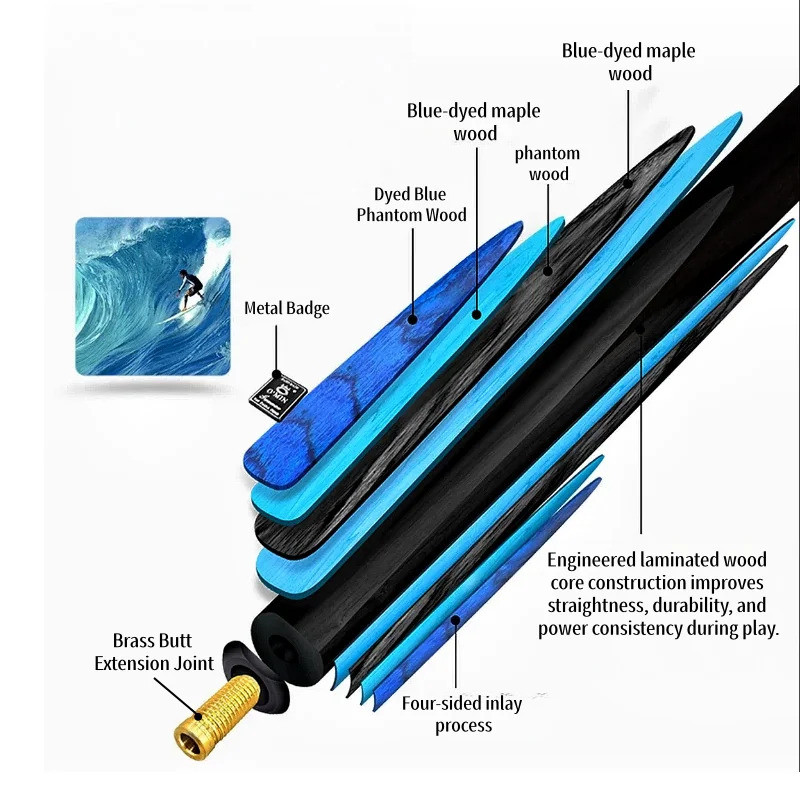 Omin Gunner Snooker Cue Stick จากไม้มะฮอกกานีอเมริกาเหนือ แบบท่อเดียว มาพร้อมปลายยืดได้ ขนาด 9.5 มม.