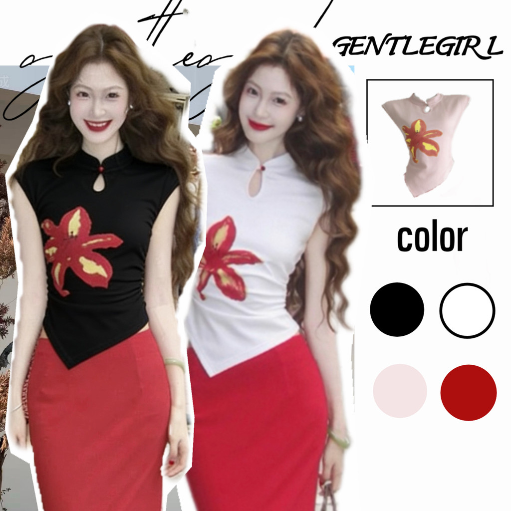 #GG🎀เสื้อคอตั้งพิมพ์ลาย สไตล์จีน ติดกระดุมปมแบบจีนใหม่ แขนกุด ทรงเข้ารูป ดูดีมีระดับ และหรูหรา