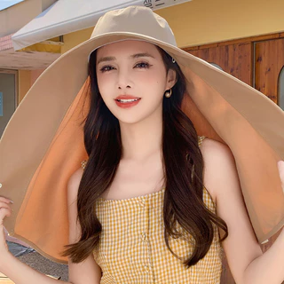 หมวกป้องกันแสงแดดแบบเต็มหน้าพร้อมผ้าคลุมไหล่ปีกขนาดใหญ่หมวกถังป้องกันรังสียูวีหมวกชาวประมงแบบเต็มหน้า