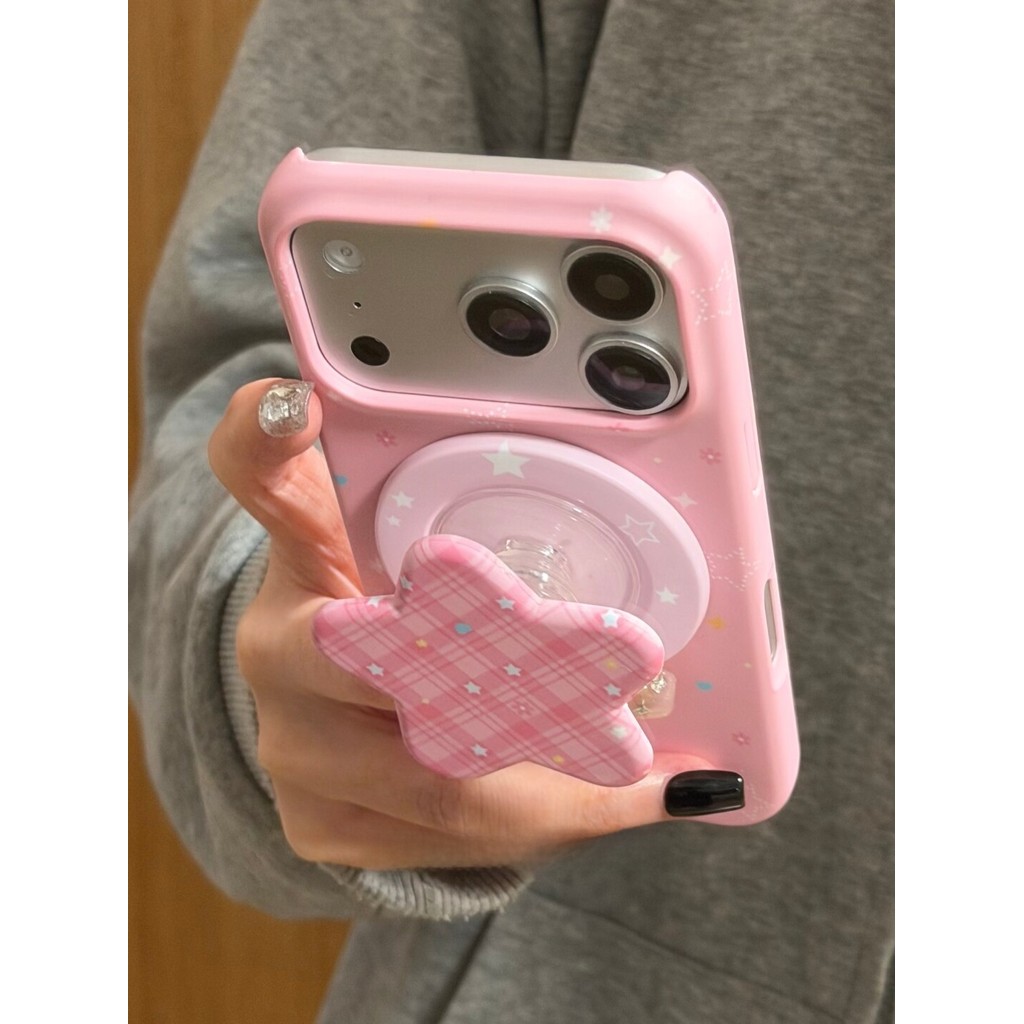 เคสแม่เหล็กน่ารักครึ่งครอบคลุมเคสแข็งหัวใจสีชมพูดอกไม้ดาวลายสก๊อตฟิล์มที่ถอดออกได้ขาตั้งแม่เหล็กสําหรับ ไอโฟน 17 มือโปร สูงสุด 16 มือโปร 15 14 มือโปร