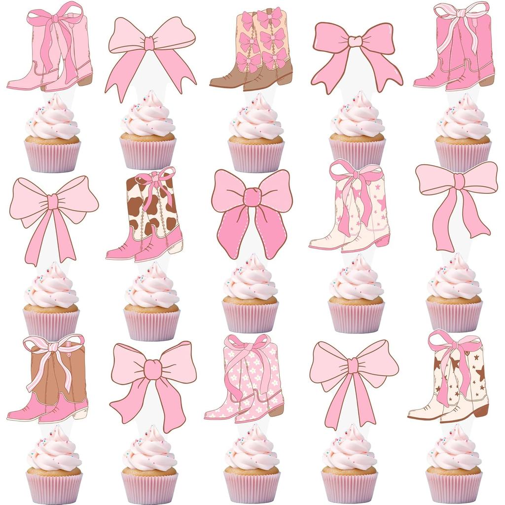 Cowgirls รองเท้า Bows Cupcake Toppers Coquette เค้กตกแต่ง 48 ชิ้นสีชมพู Cowgirls รองเท้า Cupcake Pic